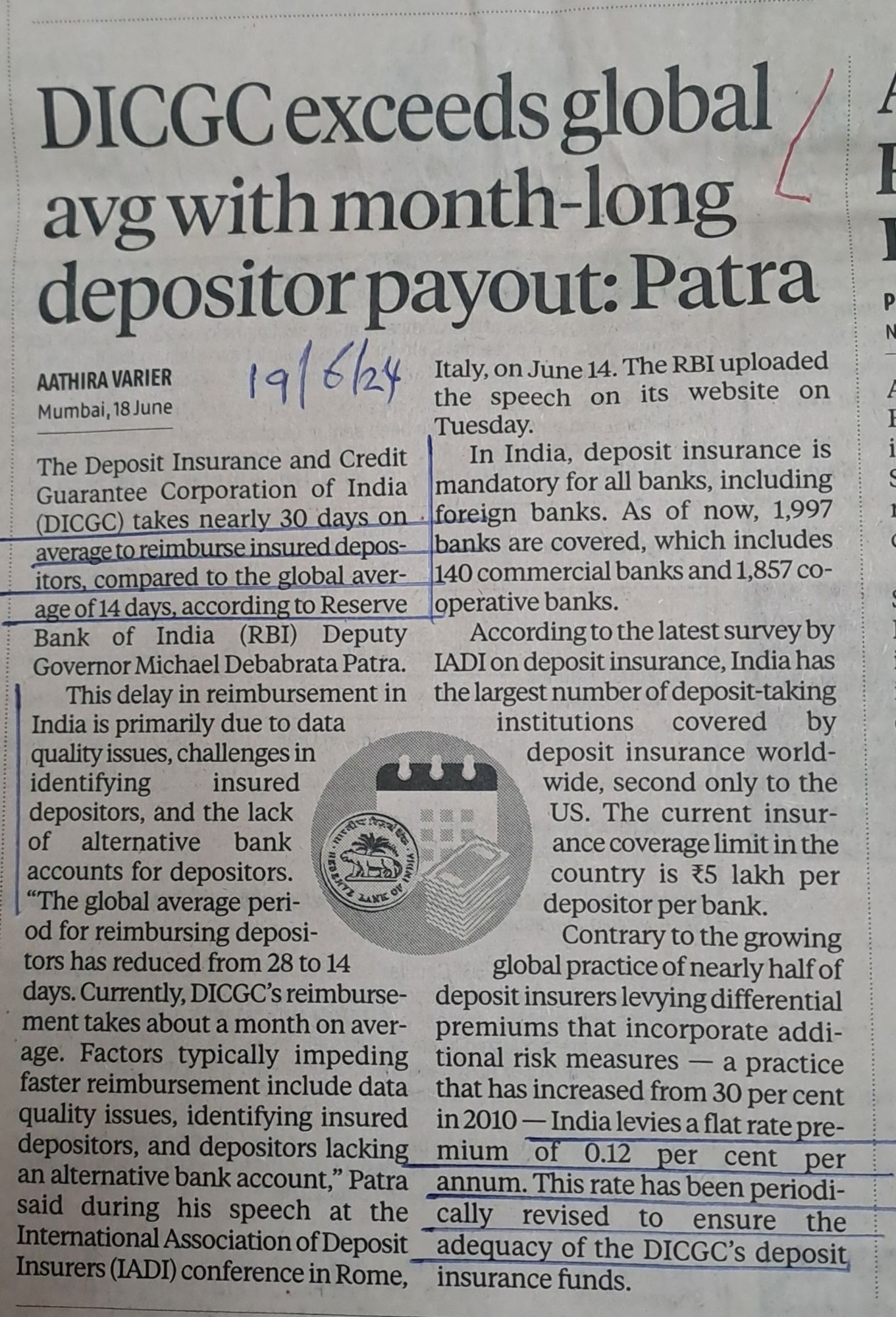 RBI DG Mr Patra says DICGC takes takes on and average 30 days to ...